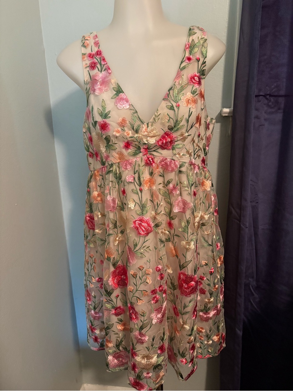 VENUS Floral Embroidered V-Neck Mini Dress - Pink, Green, Cream
